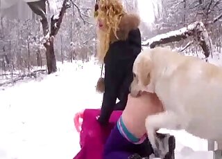 Amateur with a blond hair fucking a dog in the snow