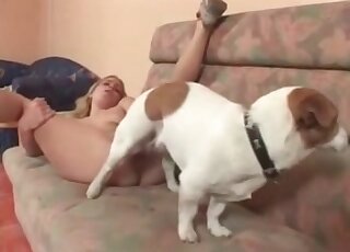 Blonde with a great body about to be fucked by a dog